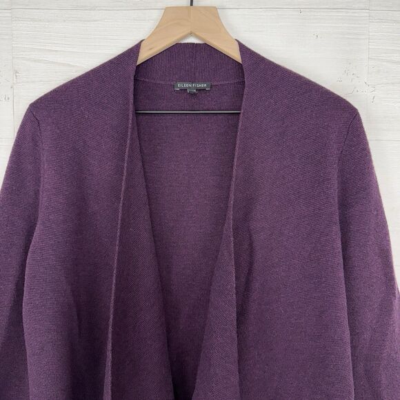 Eileen Fisher Cardigan Medium Purple Merino Wool Open Front Leather Trim Pockets - Picture 2 of 14